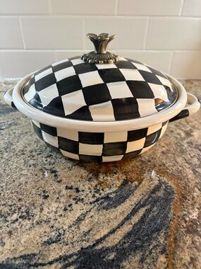 Mackenzie Childs Black White courtly Checkered Ceramic Covered Casserole Dish